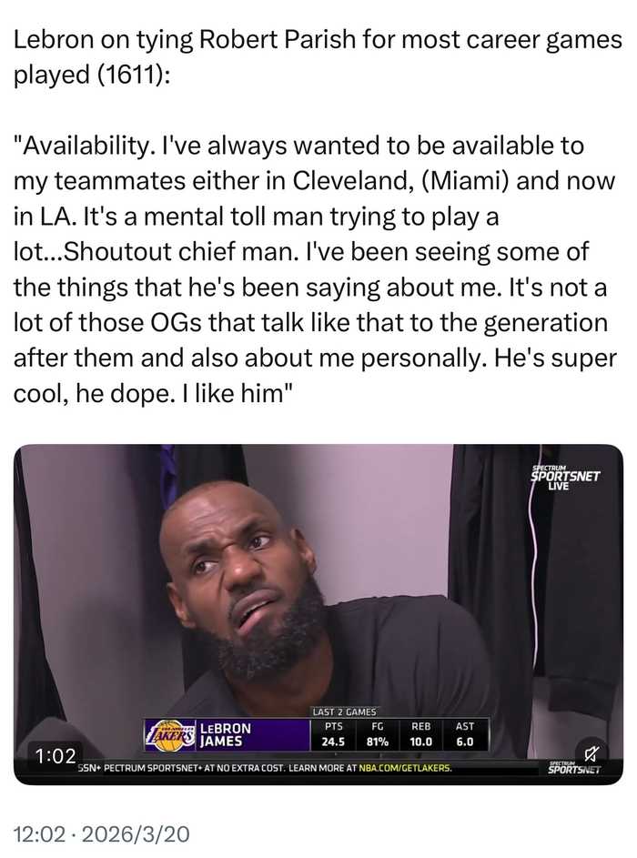 勒布朗谈追平帕里什1611场纪录，称关键在于出勤率