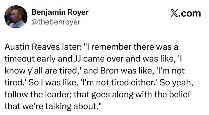 里夫斯称不累紧跟詹姆斯，雷迪克首暂停察觉球员疲惫