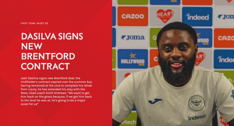 官方：布伦特福德中场达席尔瓦续约至赛季末，含延长一年的选项